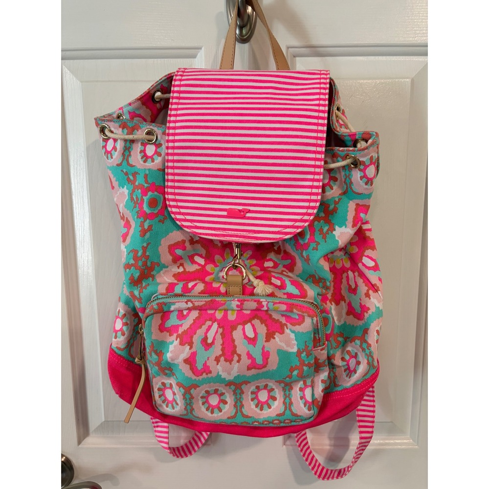 Vineyard Vines Canvas Drawstring Conch Backpack Pink Boho EUC